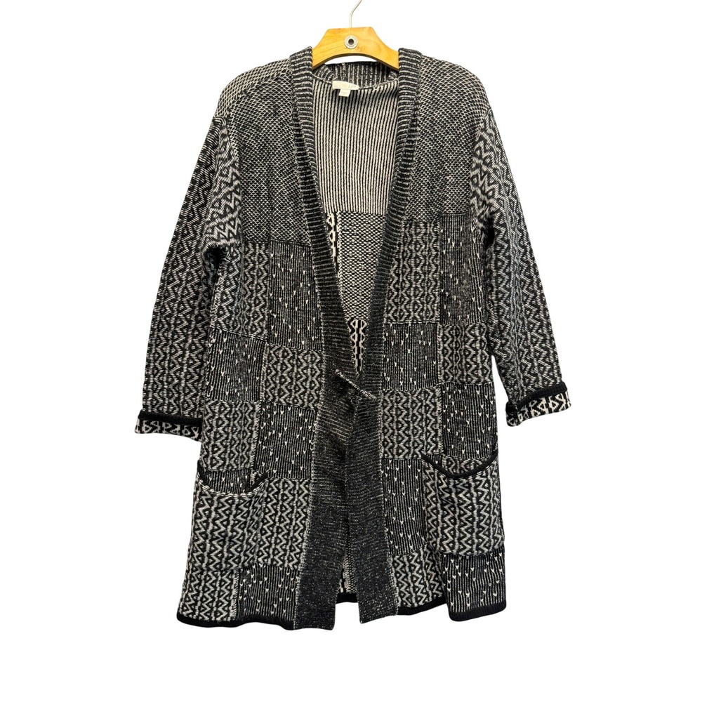 J. Jill Womens Black White Patchwork Geometric Longline Open Front Cardigan M